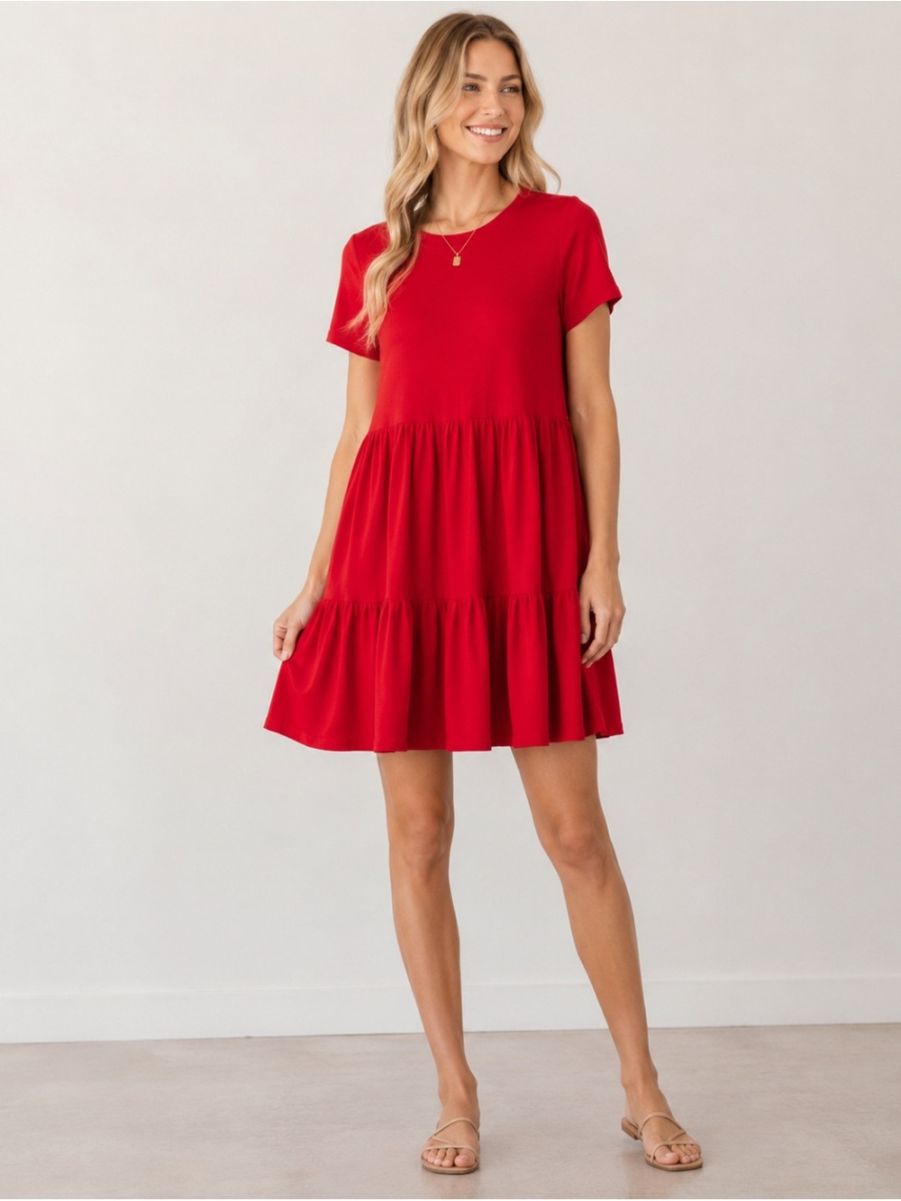 Women’s Casual Red Short-Sleeve Tiered Dress